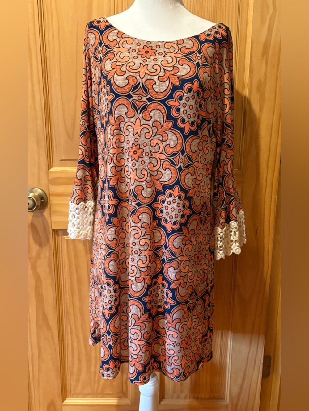 Judith March shift dress bohemian aesthetic cream orange blue size L